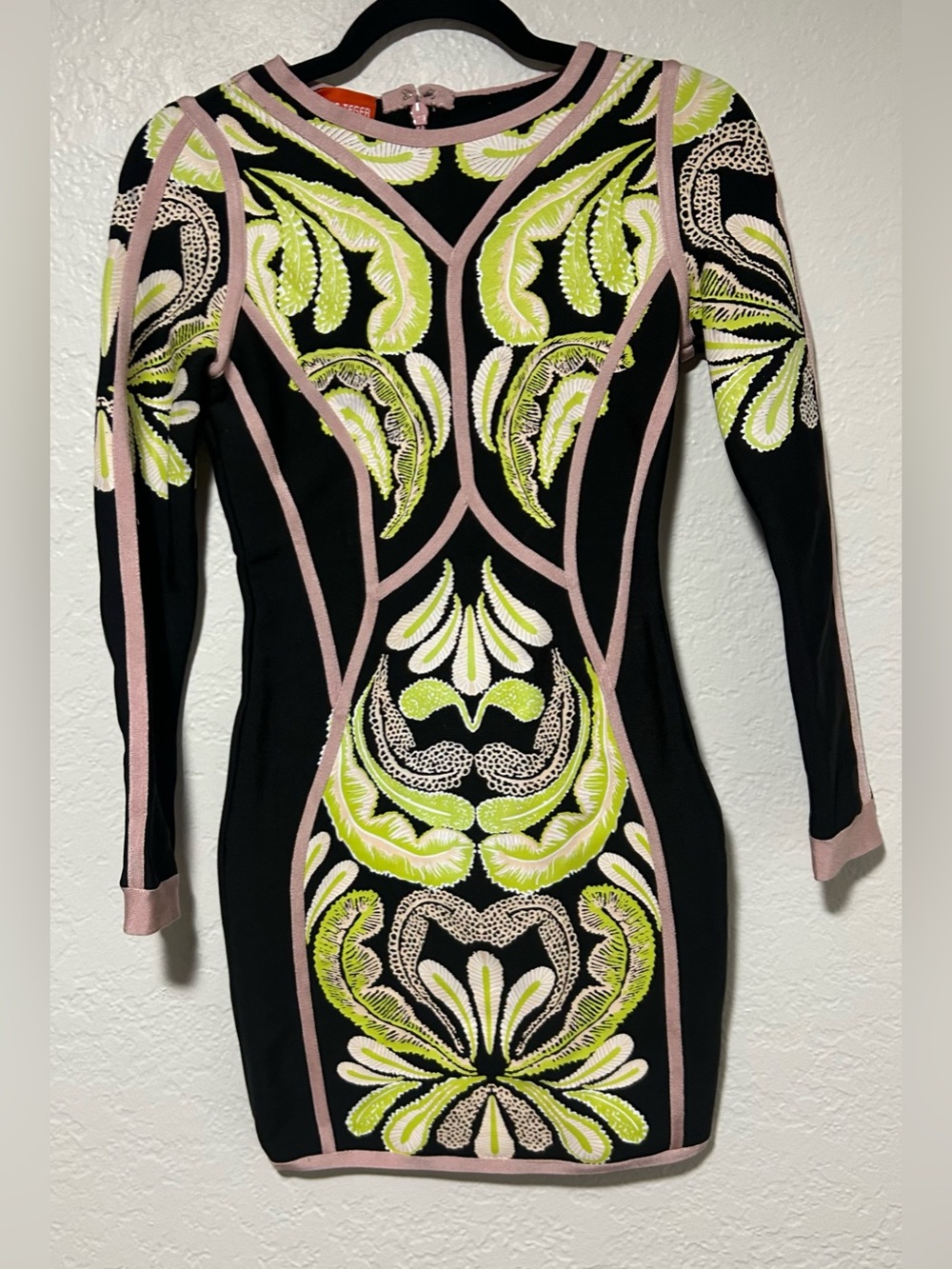 Women’s Black Long-Sleeve Bodycon Dress with Lime Green & Pink Trim